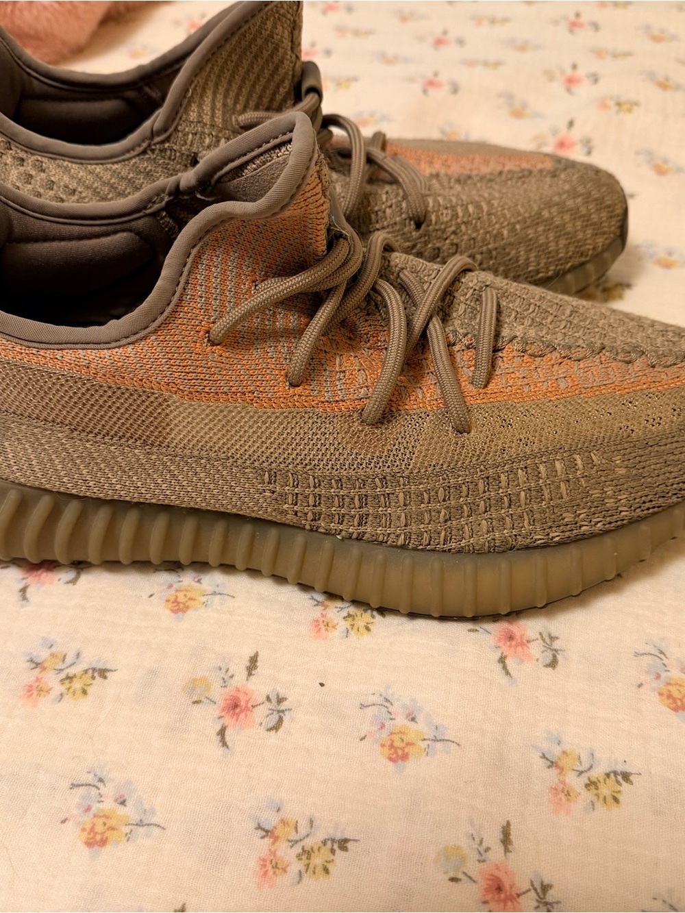 Yeezy Boost Knit Sneakers in Olive/Tan and Orange